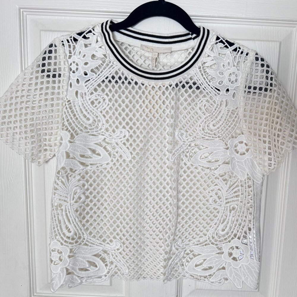 MAJE New With Tag Chic White Crochet Lace Top With Black Trim Size 3 (US M-L)